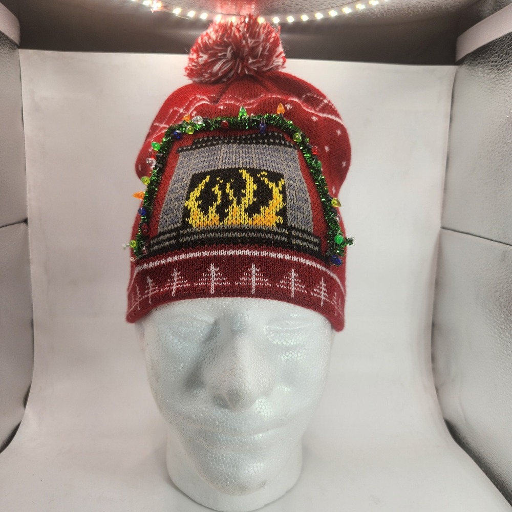 Ugly Christmas Sweater Beanie Fireplace Red Knit Holiday Pom Pom Hat OSFM